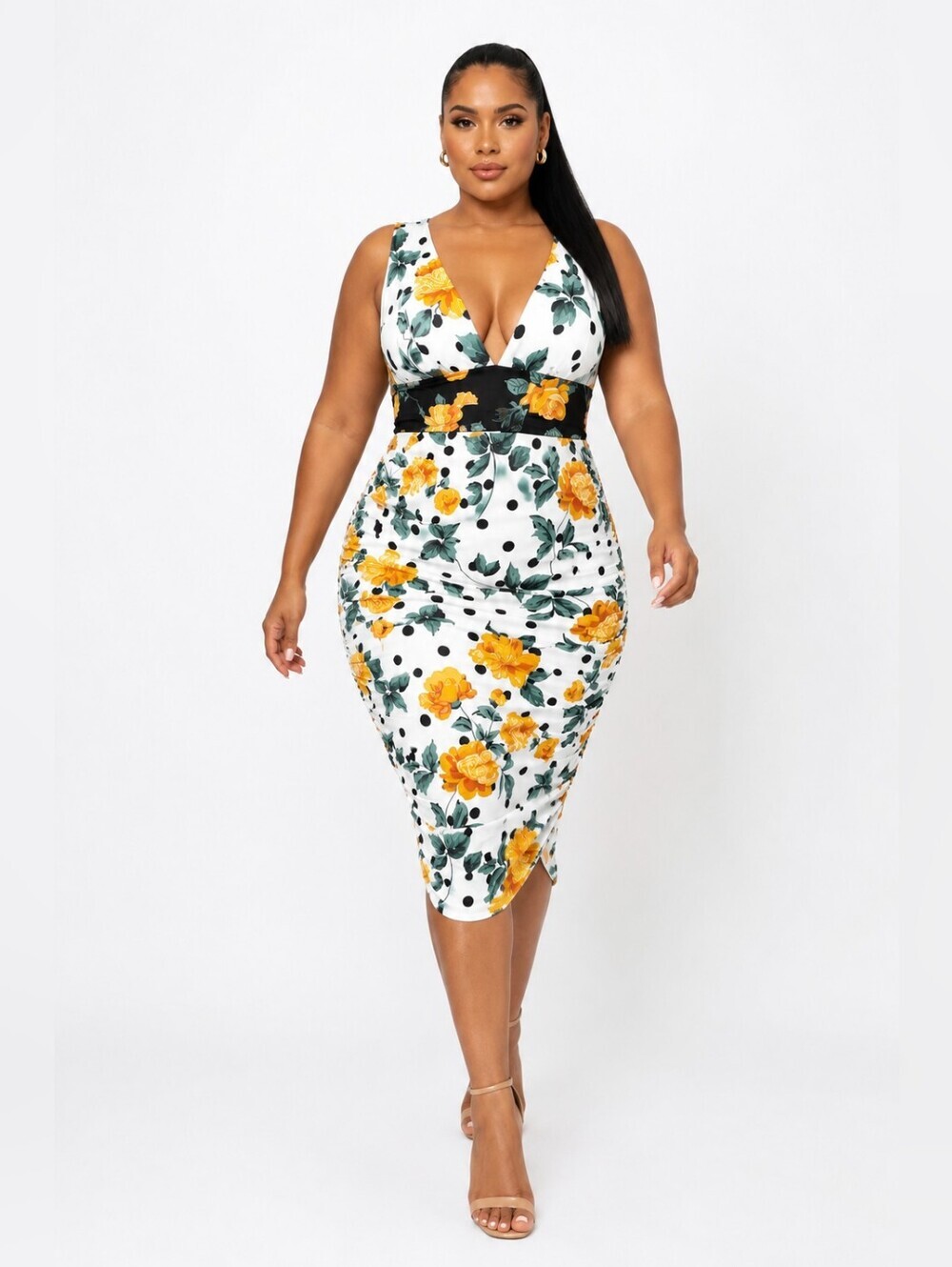 VENUS Women's Plus Size Floral Polka Dot Ruched Sheath Midi Dress Size 2X.